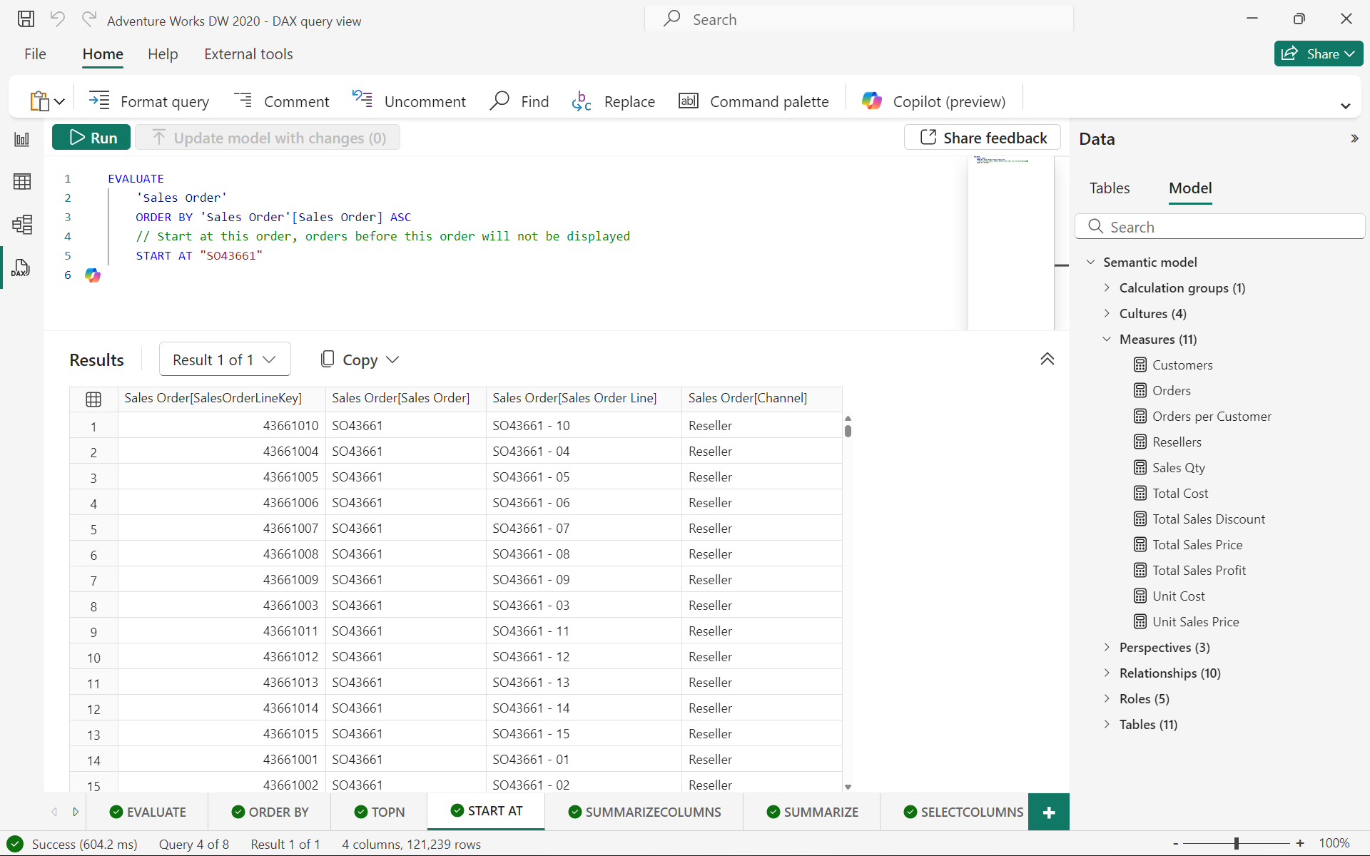 DAX Evaluate order by Sales order number statement