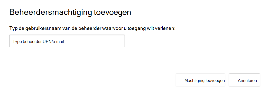 Schermopname van het dialoogvenster Beheerdersmachtiging toevoegen.