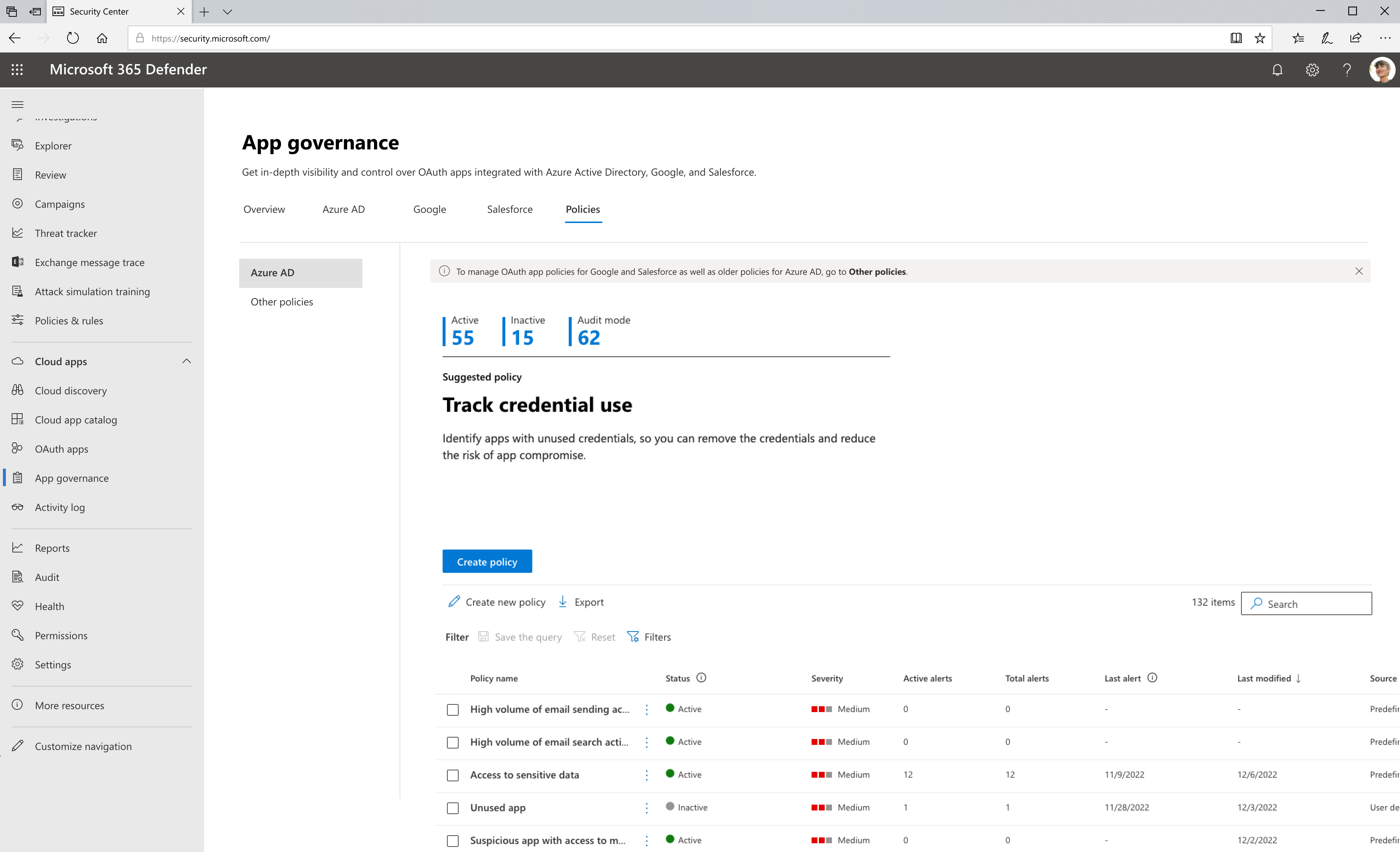 Schermopname van de overzichtspagina van het beleid voor app-governance in Microsoft Defender XDR.