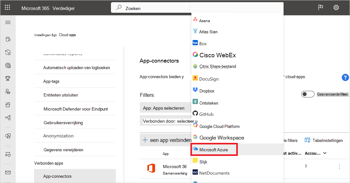 Menu-item Verbinding maken met Azure.