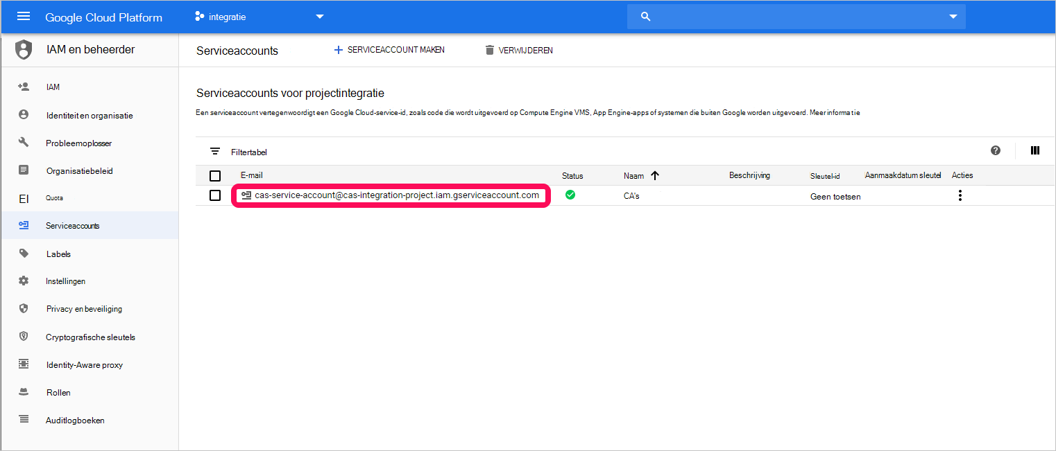 Schermopname van het dialoogvenster GCP-serviceaccount.