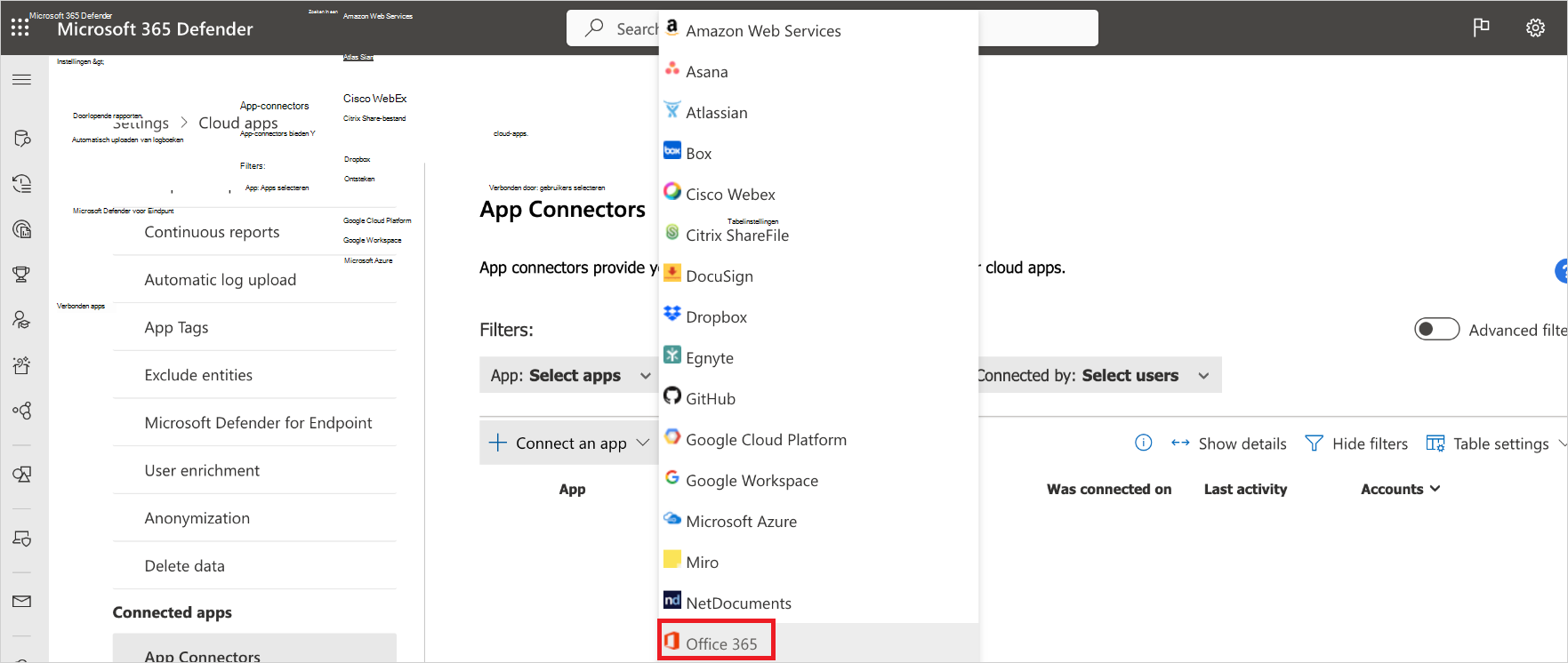 Menuoptie Verbinding maken met O365.