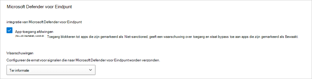 Schermopname van de waarschuwingsinstellingen van Defender voor Eindpunt.