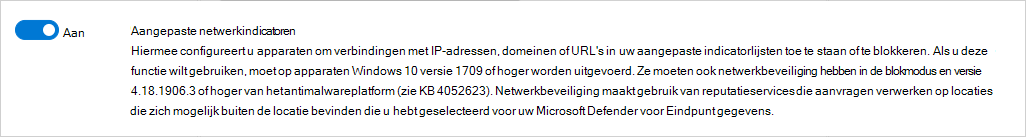 Schermopname van het inschakelen van aangepaste netwerkindicatoren in Defender voor Eindpunt.