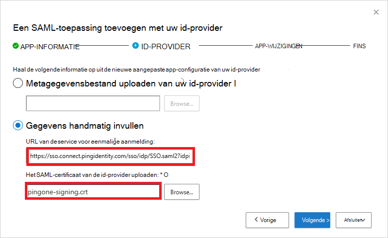 Voeg de URL van de SSO-service en het SAML-certificaat toe.