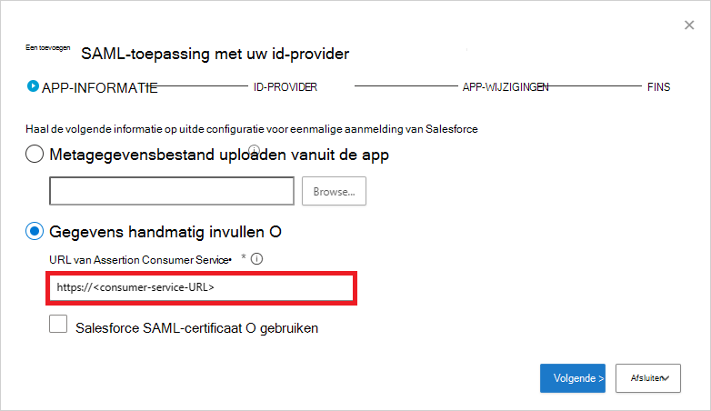 Vul de SamL-gegevens van Salesforce handmatig in.