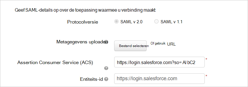 Aangepaste app configureren met Salesforce SAML-details.