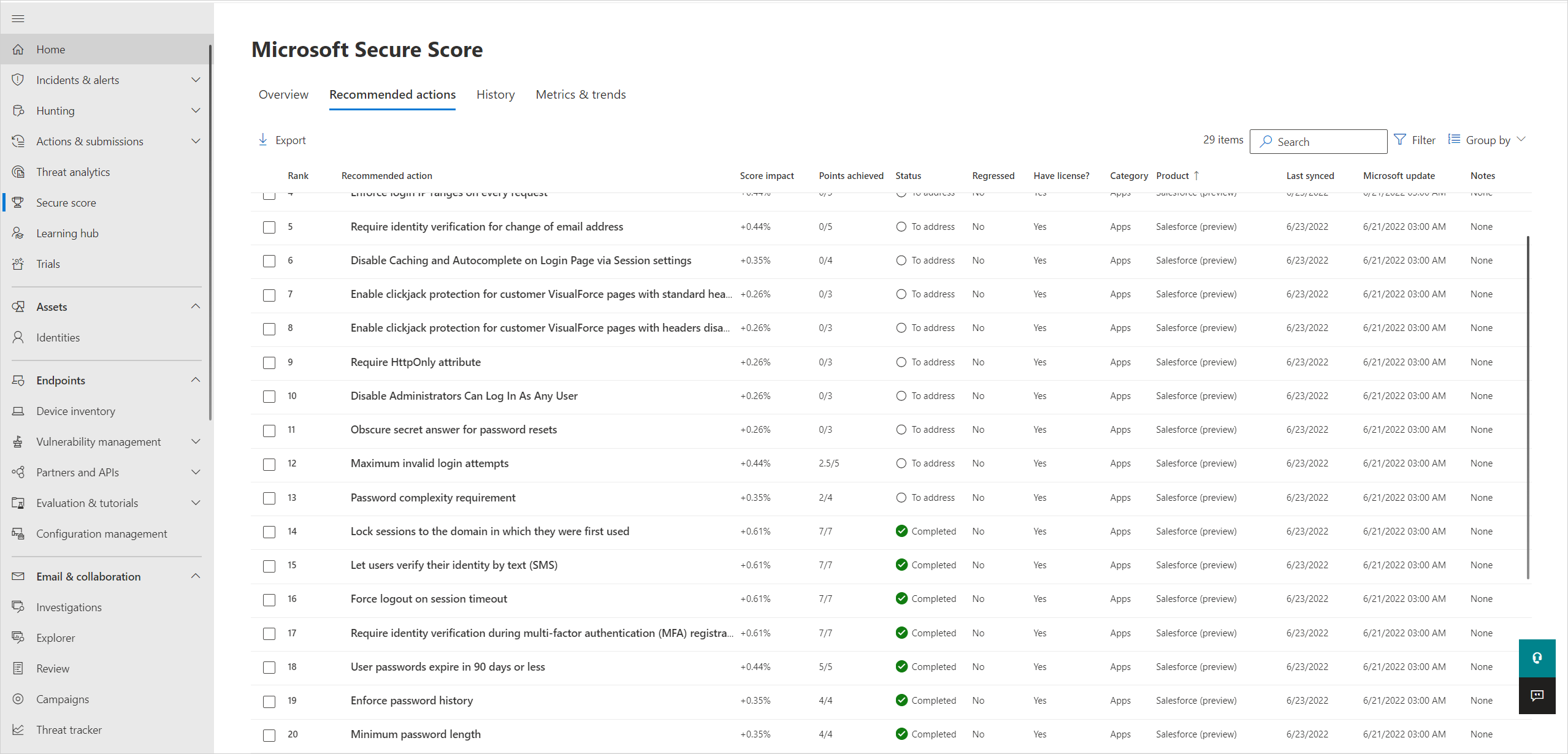 Schermopname van de SalesForce-aanbevelingen in Secure Score.