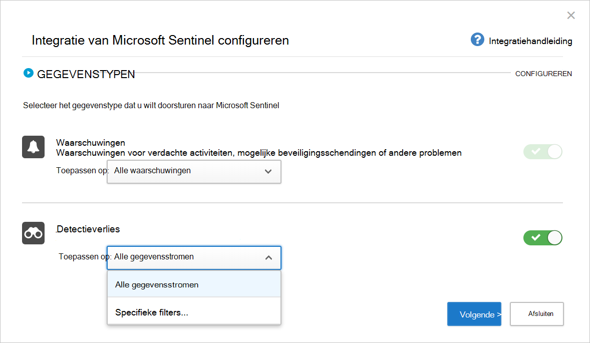 Schermopname van de startpagina van Microsoft Sentinel-integratie configureren.