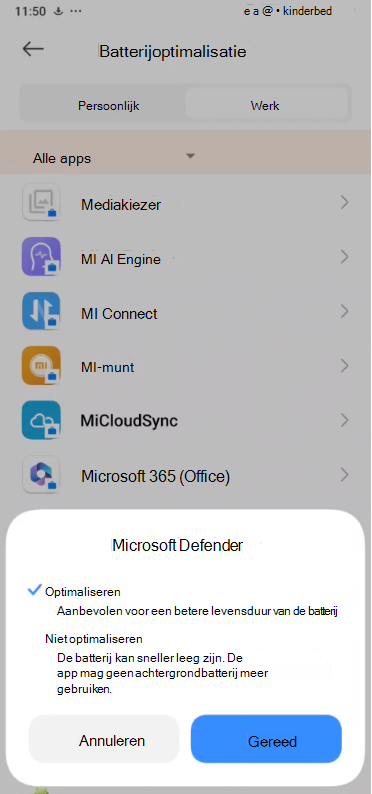 Afbeelding van de vervolgkeuzelijst Microsoft Defender Optimaliseren