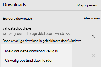 Lijsten de download als onveilig, maar biedt een optie om door te gaan met het downloaden