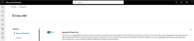 Schermopname van de wisselknop voor samengevoegde rapportage op de pagina met instellingen van de Microsoft Defender portal.