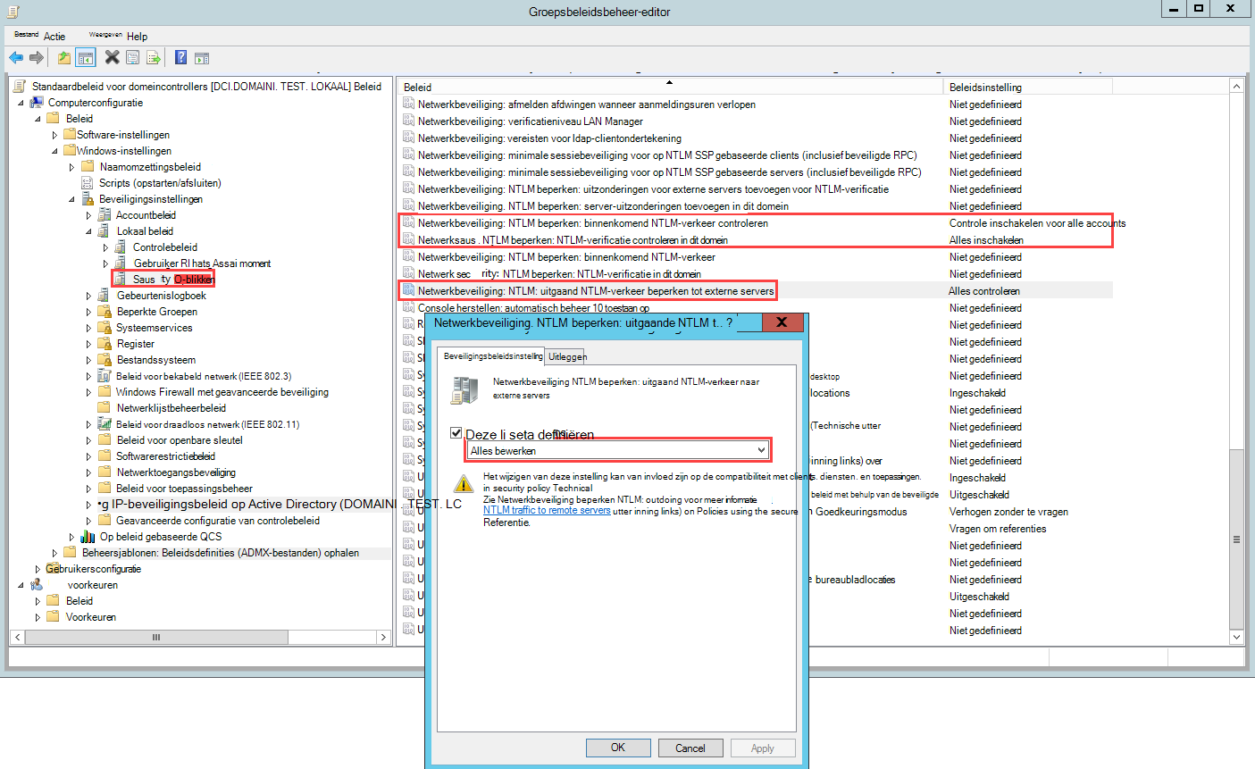 Schermopname van de controleconfiguratie voor uitgaand NTLM-verkeer naar externe servers.