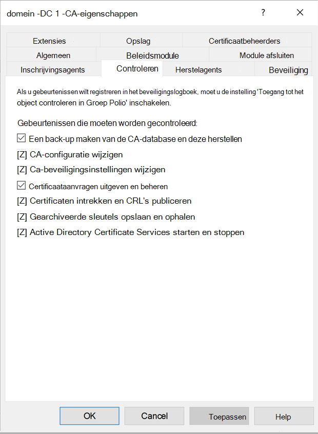 Schermopname van het tabblad Controle voor eigenschappen van certificeringsinstantie.