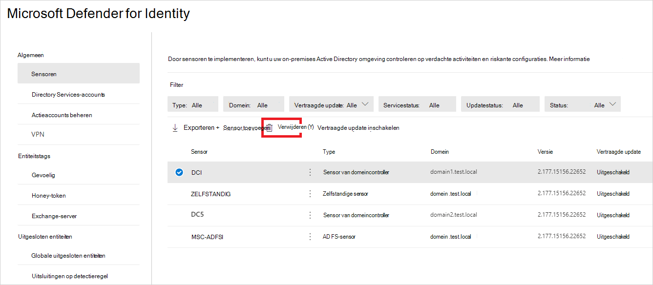 Zwevende Defender for Identity-sensor verwijderen van de pagina sensoren