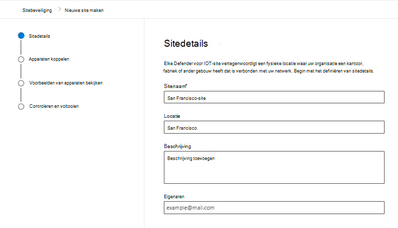 Schermopname van de details voor het maken van een nieuwe site op de pagina Sitebeveiliging van Microsoft Defender voor IoT in de Microsoft Defender portal.