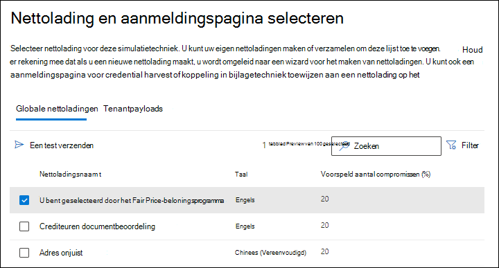 Het tabblad Algemene nettoladingen op de pagina Nettolading selecteren met een nettolading geselecteerd en de actie Een test verzenden in training voor aanvalssimulatie.