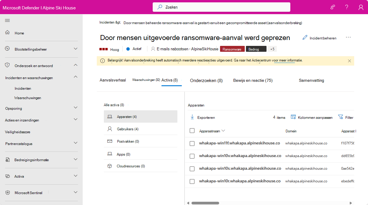 Schermopname van de pagina Gebruikers voor een incident in de Microsoft Defender portal.