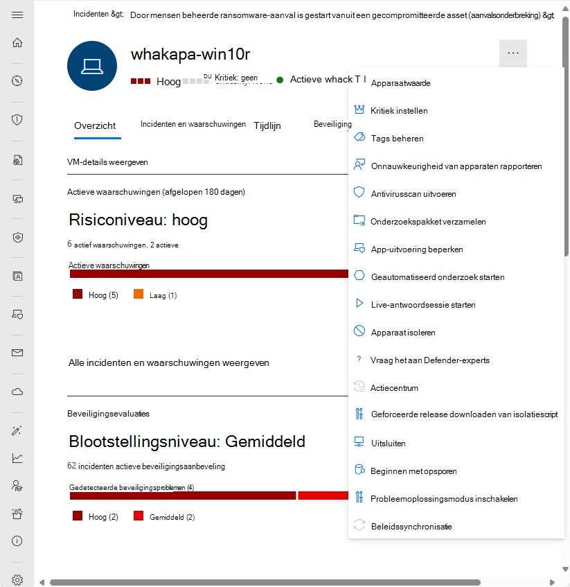 Schermopname van de actiebalk voor de pagina apparaatentiteit in de Microsoft Defender portal.