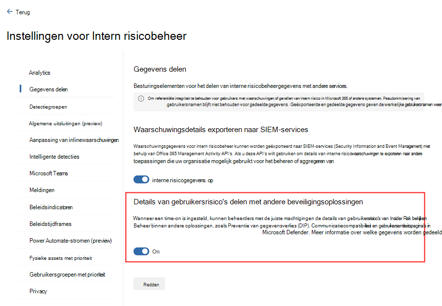 Het markeren van de instelling in de Microsoft Purview-portal die is vereist voor het weergeven van waarschuwingen voor intern risico in Defender XDR.