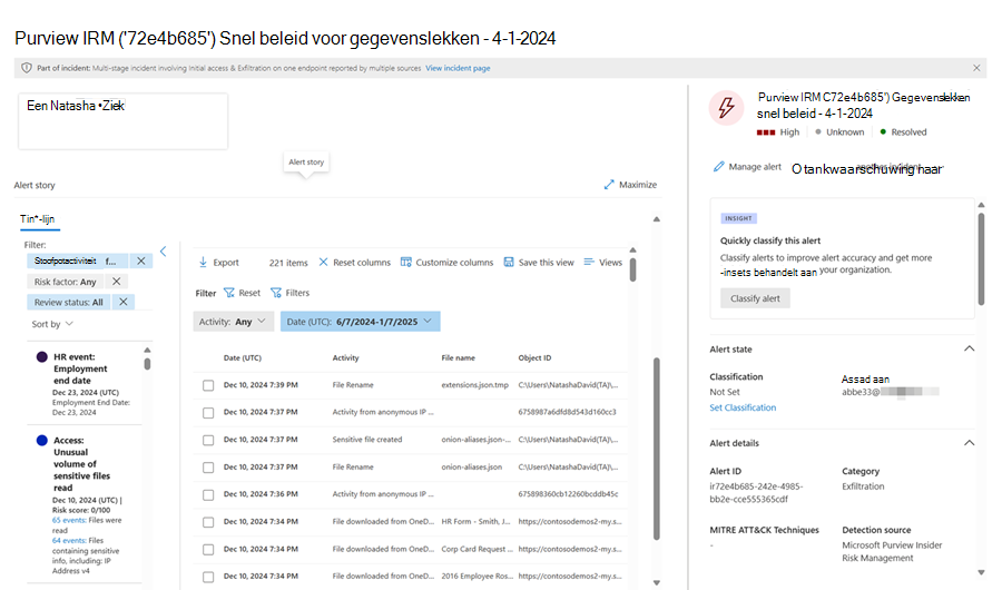 Voorbeeld van interne risicowaarschuwingen van Microsoft Purview Beheer van insider-risico's.