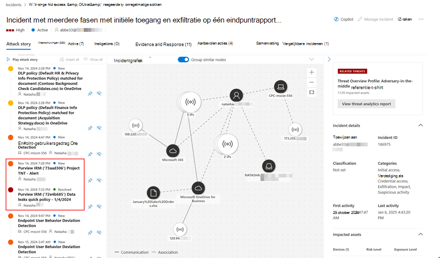 Voorbeeld van een incident met interne risicowaarschuwingen van Microsoft Purview Beheer van insider-risico's.