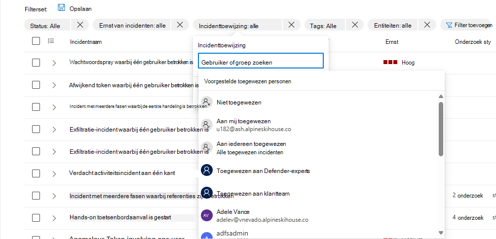 Schermopname van het weergeven van incidenten die zijn toegewezen aan een eigenaar op de pagina voor de incidentwachtrij in de Microsoft Defender-portal.