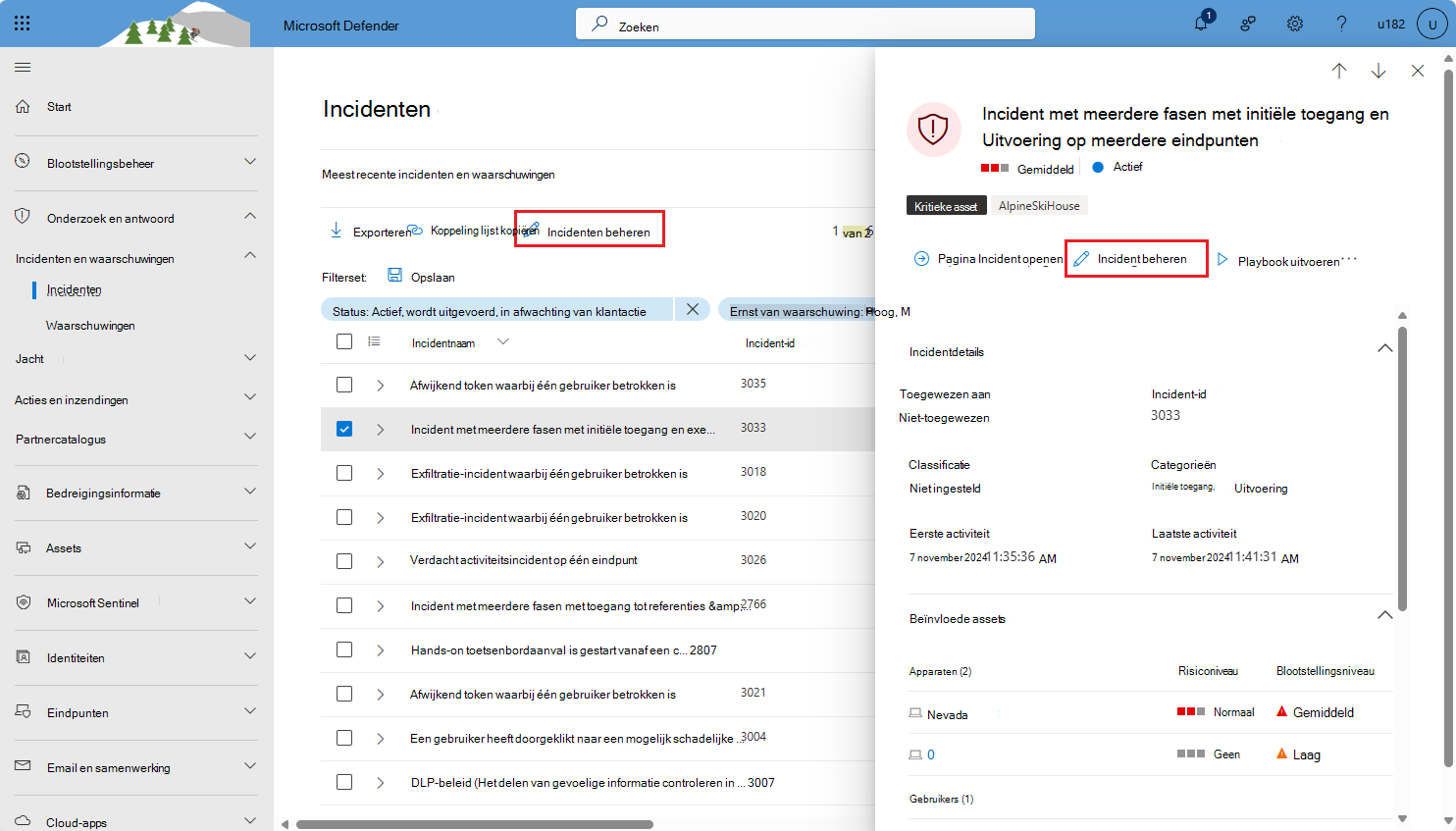 Schermopname van het beheren van incidenten vanuit de wachtrij met incidenten in de Microsoft Defender-portal.