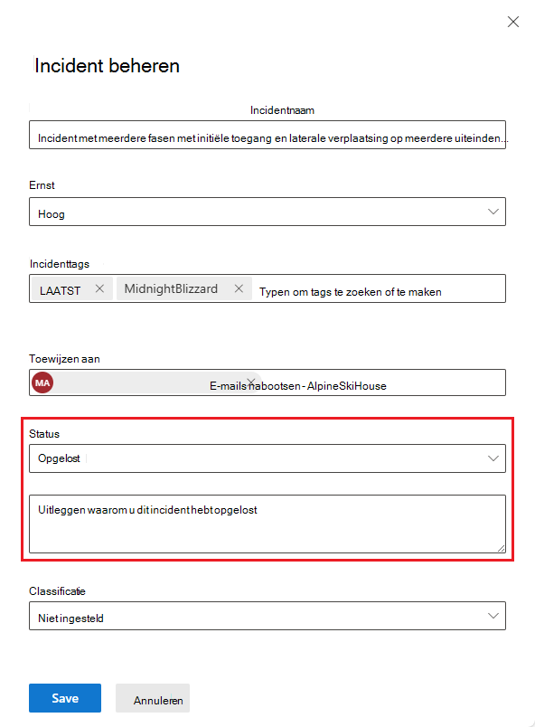 Schermopname van het panel voor incidentbeheer met een opmerking over het oplossen van incidenten.