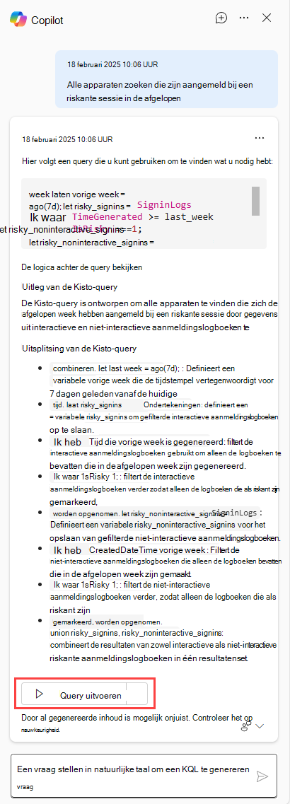 Schermopname van de Copilot-knop met De query toevoegen aan query-editor en uitvoeren.