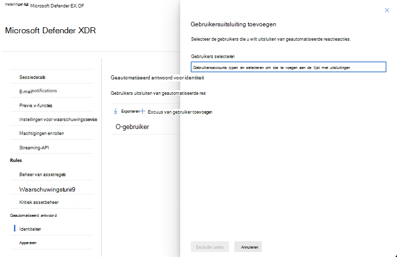 Flyoutdeelvenster bij het toevoegen en selecteren van gebruikers die moeten worden uitgesloten in de instellingen voor geautomatiseerde reacties voor onderbrekingen van aanvallen