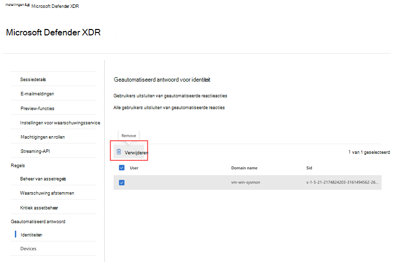 De verwijderingsoptie markeren bij het verwijderen van een uitgesloten gebruiker op de pagina Identiteiten van de instellingen voor het onderbreken van aanvallen
