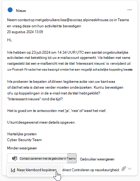 Schermopname van de voorgestelde tekst voor communicatie in een begeleide antwoordkaart.