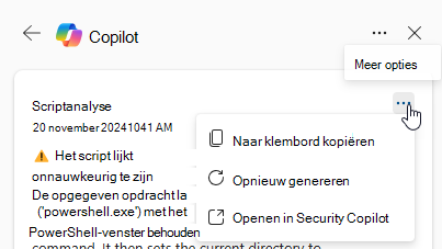 Schermopname van de optie Meer acties in de kaart Copilot-scriptanalyse.