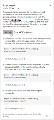 Schermopname van de optie code weergeven of verbergen in de resultaten van de scriptanalyse.