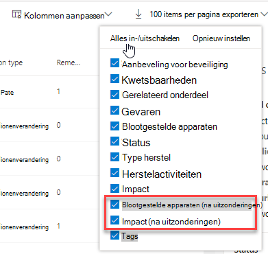 Opties voor het aanpassen van kolommen weergeven.