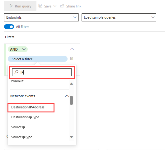 Schermopname van het zoeken naar geslaagde verbindingen met het eerste IP-filter in de begeleide modus