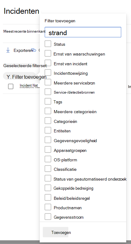 Het deelvenster Filters voor de incidentwachtrij in de Microsoft Defender portal.