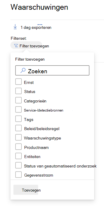 Alle filters die beschikbaar zijn in de wachtrij Waarschuwingen in de Microsoft Defender-portal