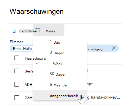 De optie aangepast bereik markeren in de datum- en tijdkiezer in de wachtrij Waarschuwingen.