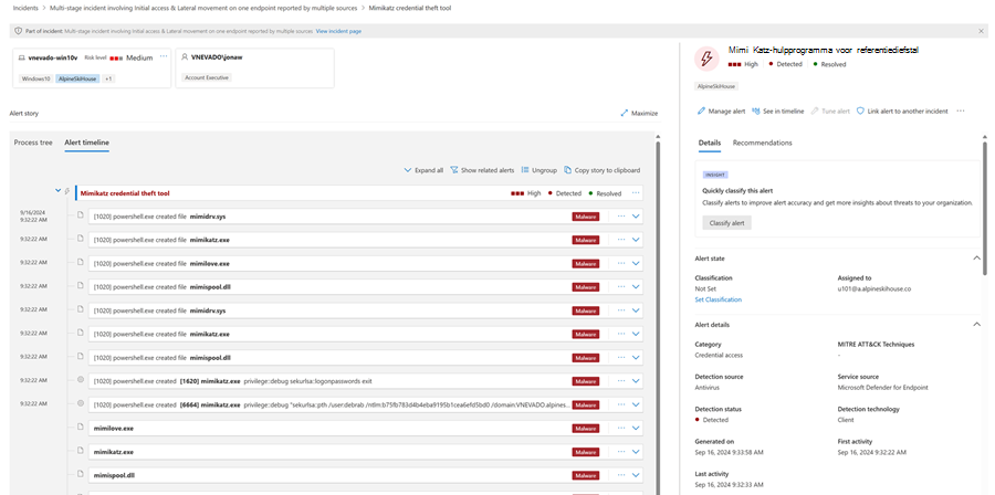 De details van een waarschuwing binnen een incident in de Microsoft Defender-portal.