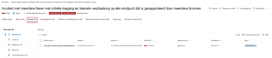 De pagina Assets voor een incident in de Microsoft Defender-portal