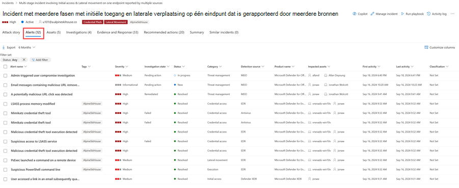 Het deelvenster Waarschuwingen voor een incident in de Microsoft Defender-portal