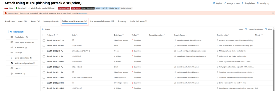 De pagina Bewijs en antwoord voor een incident in de Microsoft Defender-portal