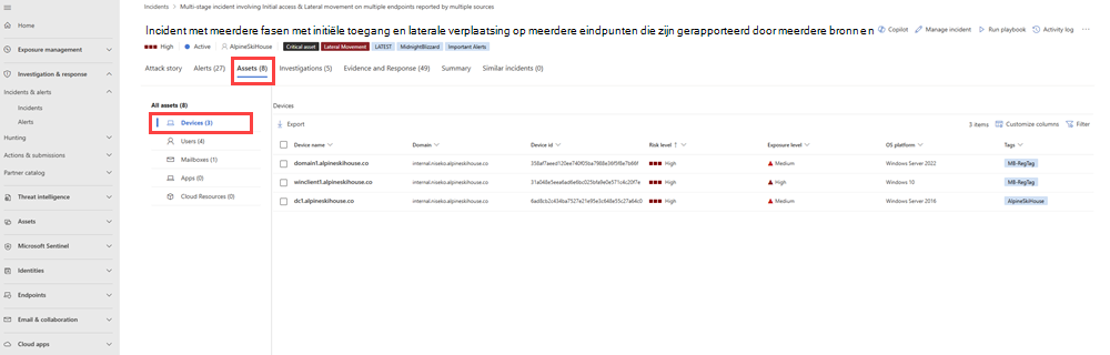 Schermopname van het tabblad Assets waarin de apparaten worden gemarkeerd die betrokken zijn bij een incident.