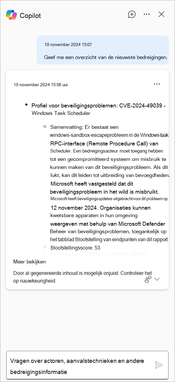 Schermopname van het antwoord dat is gegenereerd door Copilot in Defender.