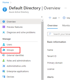 Een schermopname van de locatie van het menu-item Groepen in het linkermenu van de Microsoft Entra Default Directory-pagina.