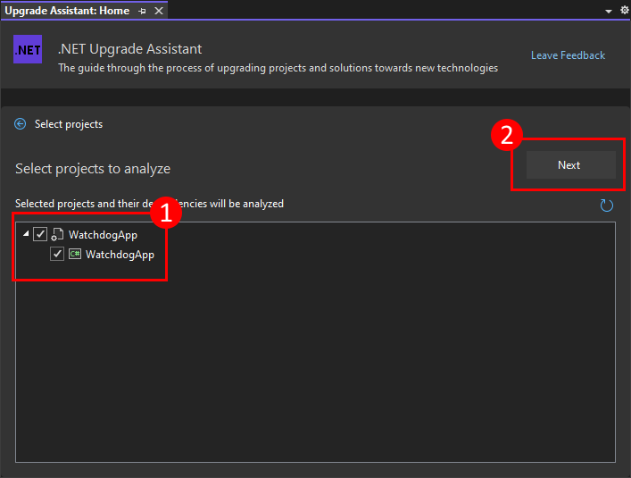 De pagina Projecten selecteren in Visual Studio op de pagina Analyseren van de .NET-upgradeassistent analyseren. De lijst met projecten wordt samen met de knop Volgende gemarkeerd.