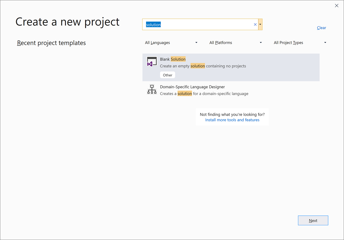 lege oplossingssjabloon in Visual Studio