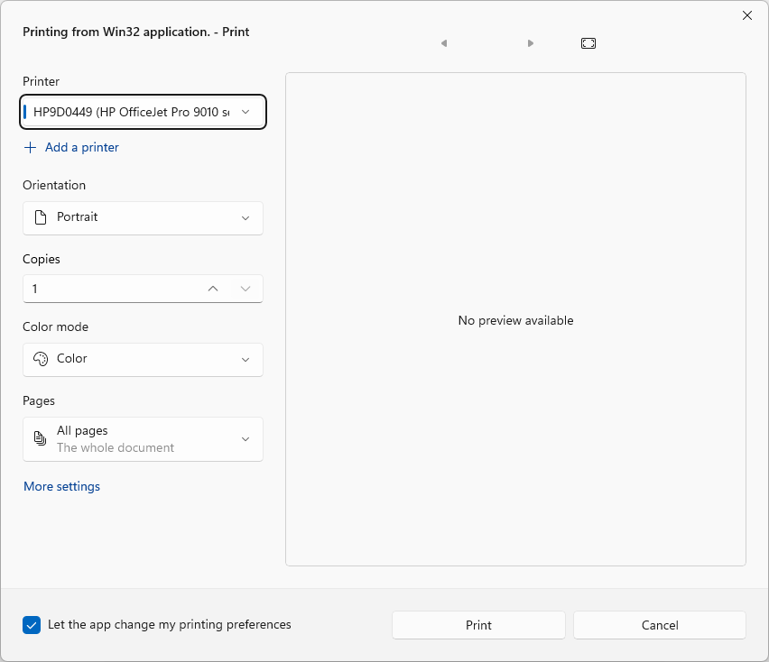 Een afdrukdialoogvenster dat wordt weergegeven vanuit een WPF-toepassing.